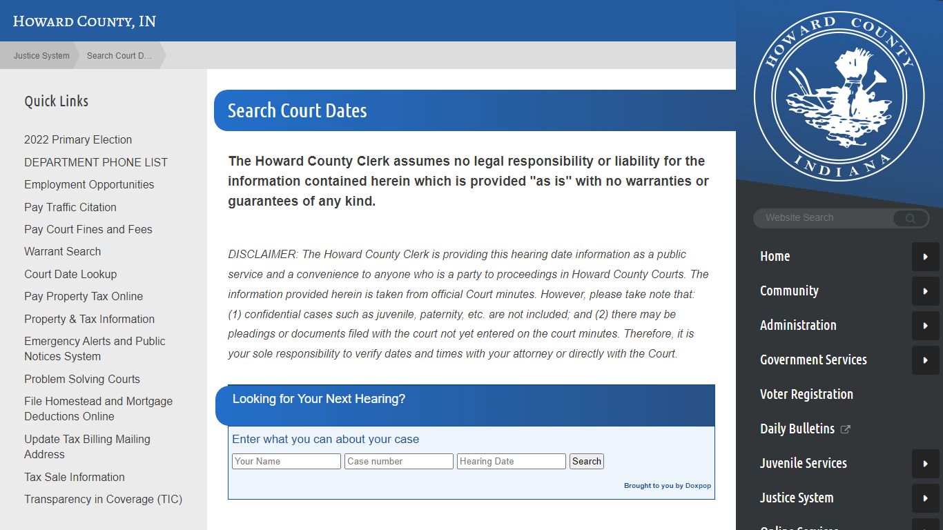 Search Court Dates - Howard County, Indiana